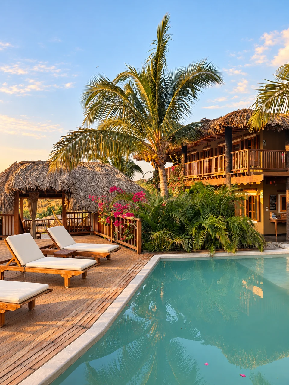 Piscina y arquitectura de Villa del Sol en la luz de la tarde